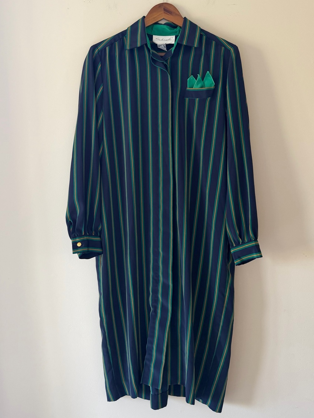 Schrader Vintage Navy and Green Long-Sleeve Striped Shirt Dress Size 10